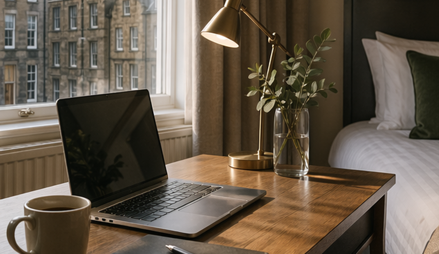 Guest room desk with laptop prepared for a business traveller